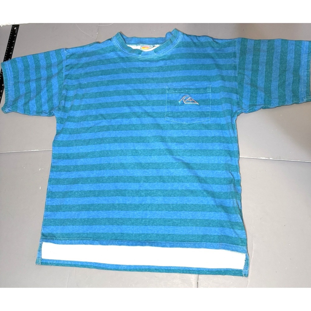 Quiksilver T Shirt Mens L Large Blue Stripes Boxy Vintage 80s 90s USA Made Surf